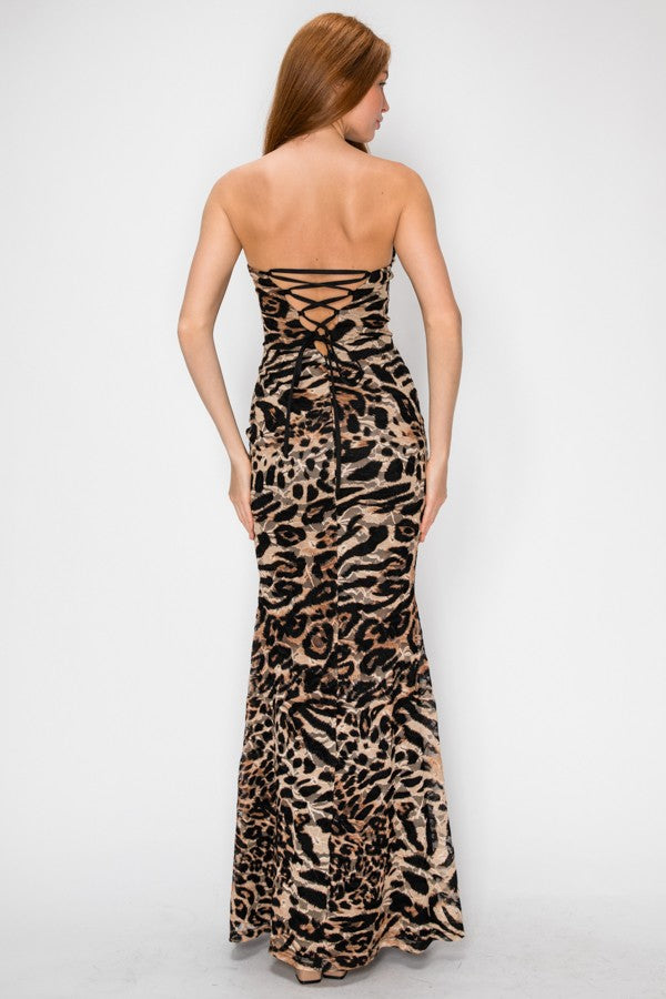 Liv Leopard Strapless Corset Mermaid Maxi Dress