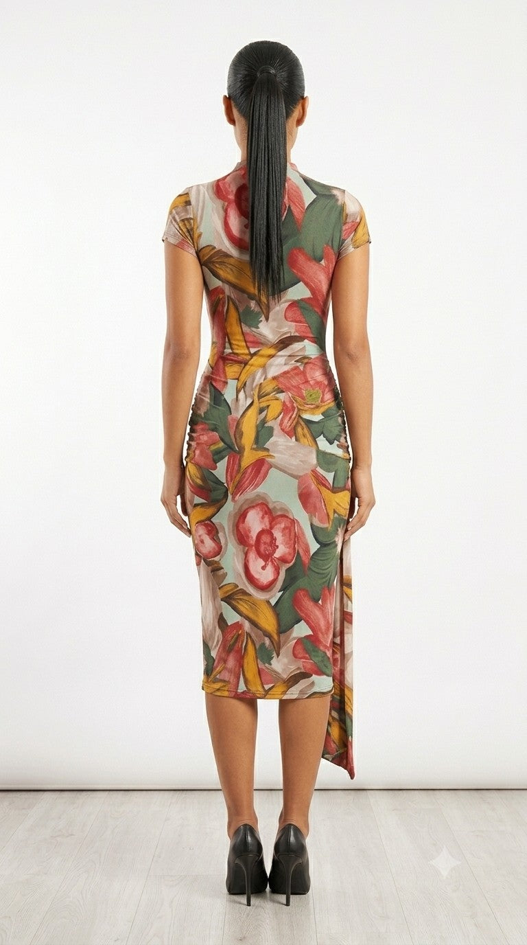 Kylie Sage Floral Front Sash Midi Dress