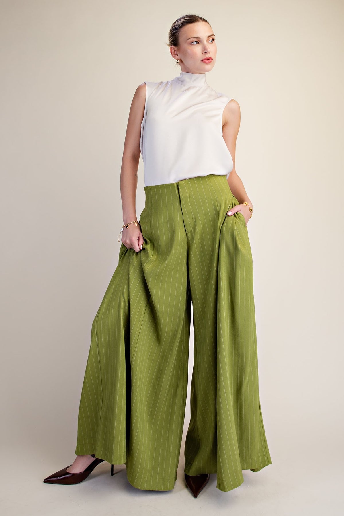 Piper Green A Line Palazzo Wide Leg Striped Pants