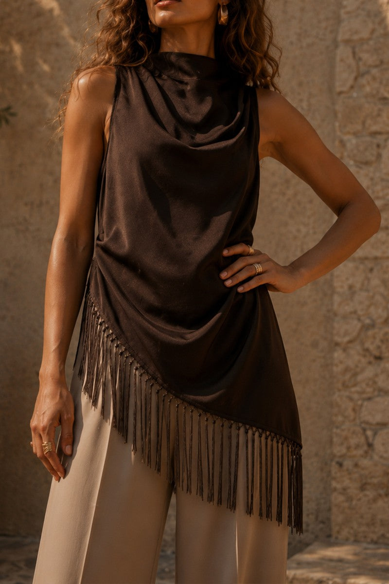 Aurora Chocolate Brown Satin Fringe Hem Top