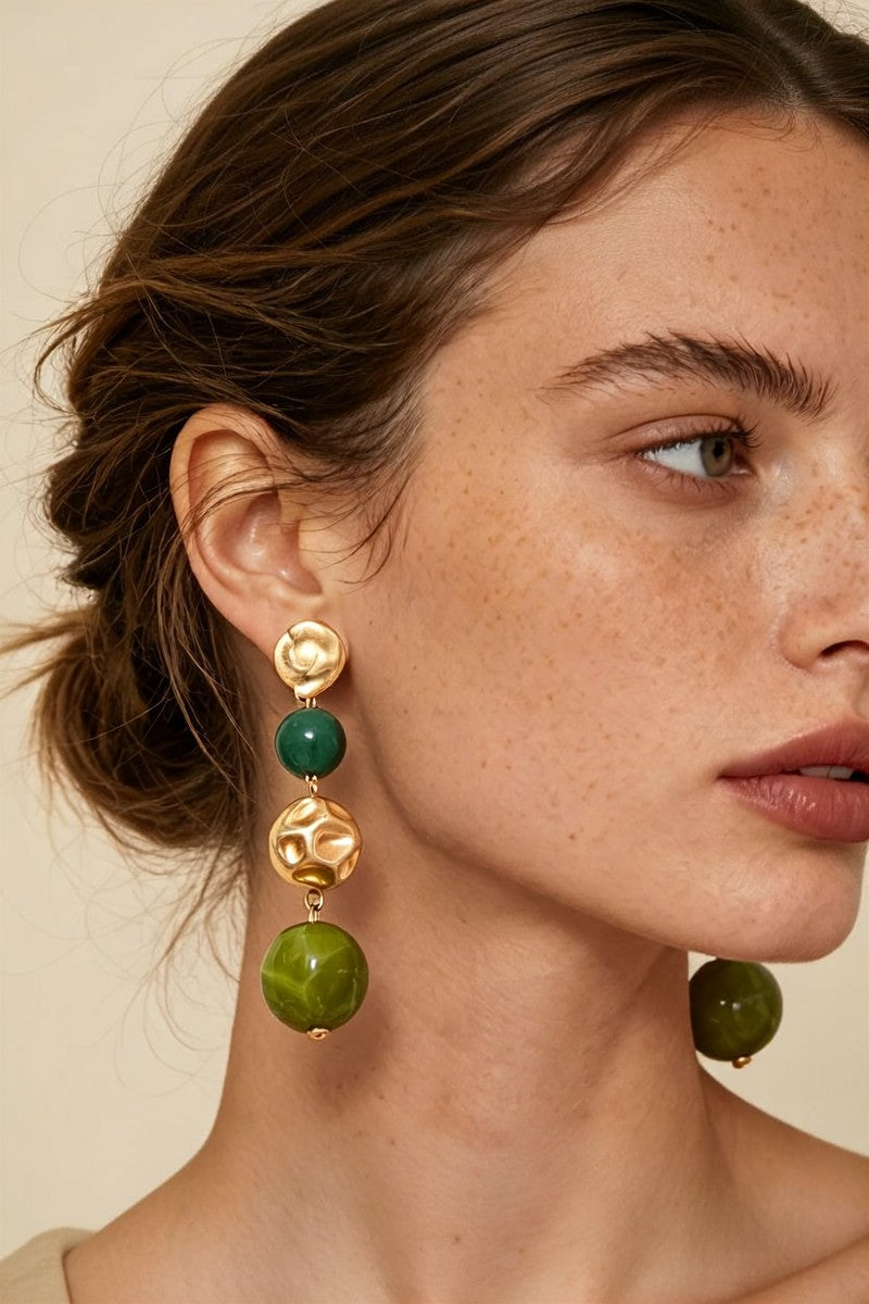 Natural Stone & Hammered Gold Drop Earrings