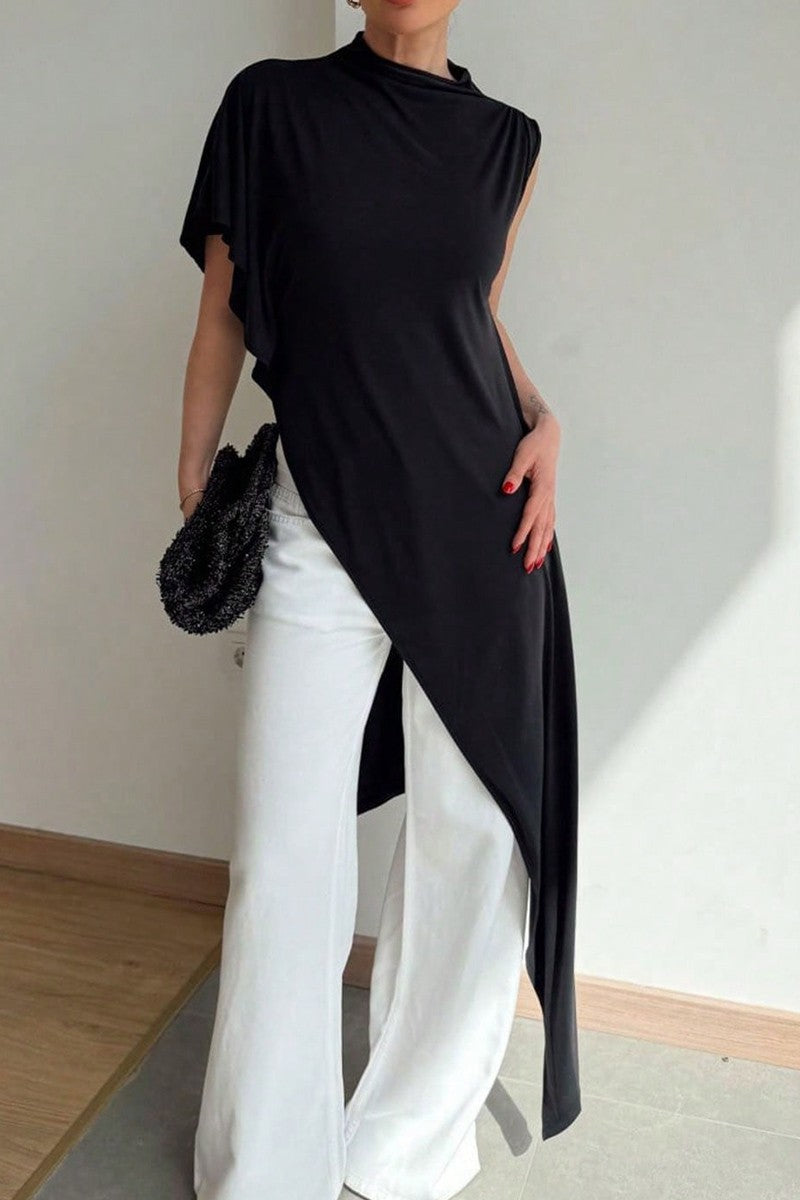 Verity Black Asymmetrical Mock Neck Ruched Sleeveless Top