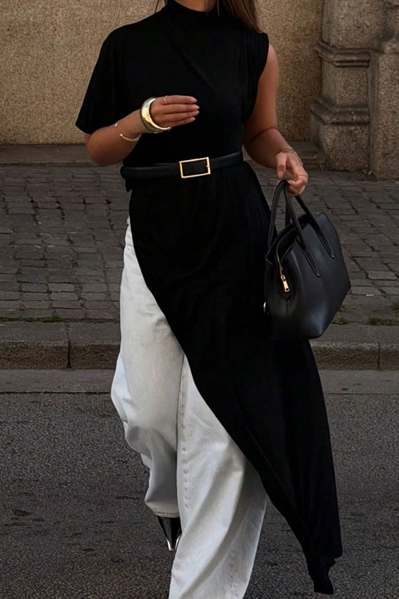 Verity Black Asymmetrical Mock Neck Ruched Sleeveless Top
