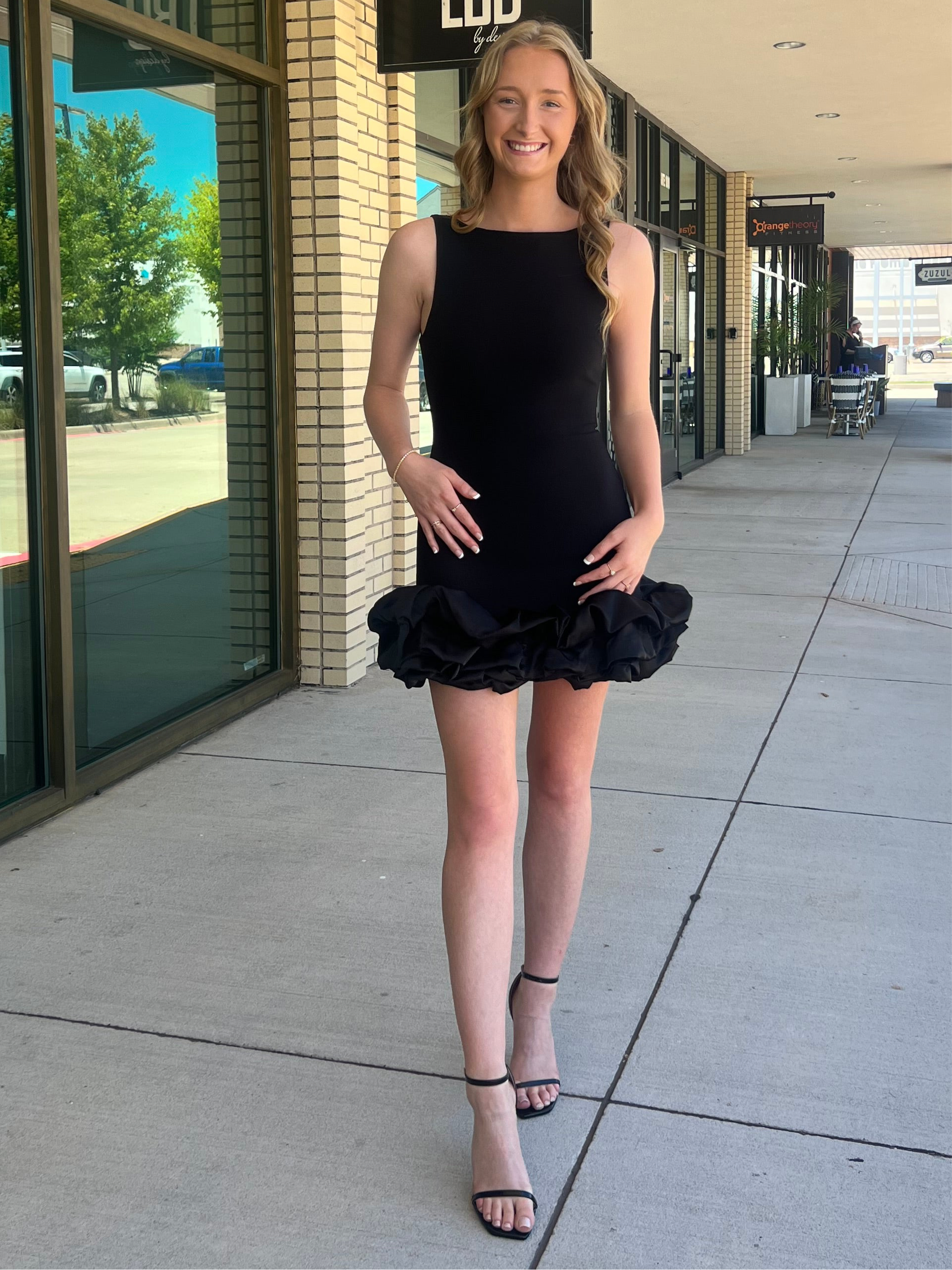 Poppy Black sleeveless puff skirt mini dress