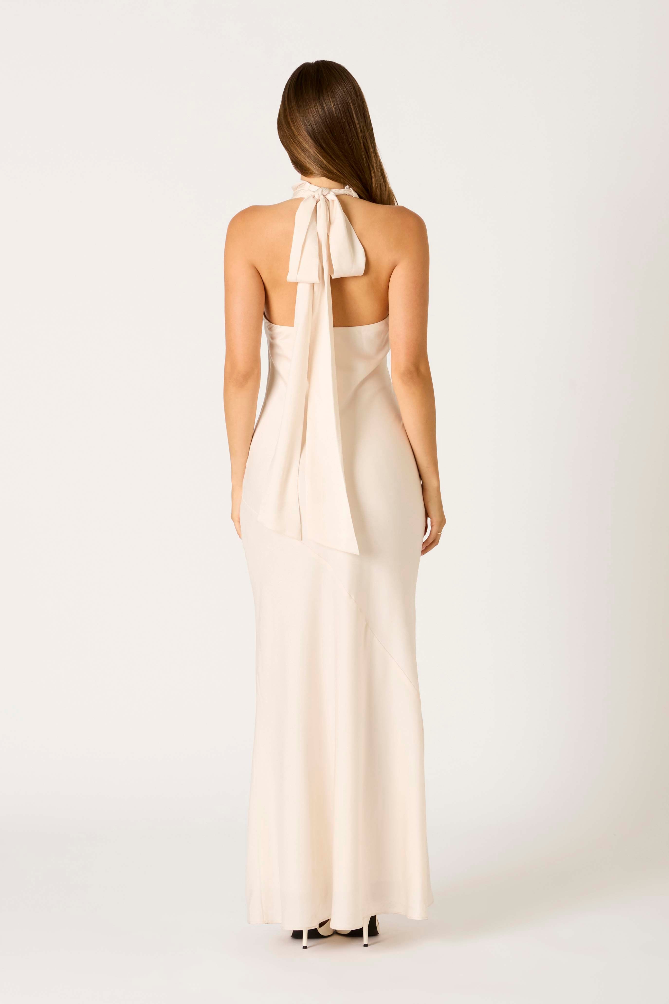May Cream Satin Halter Neck Maxi Dress