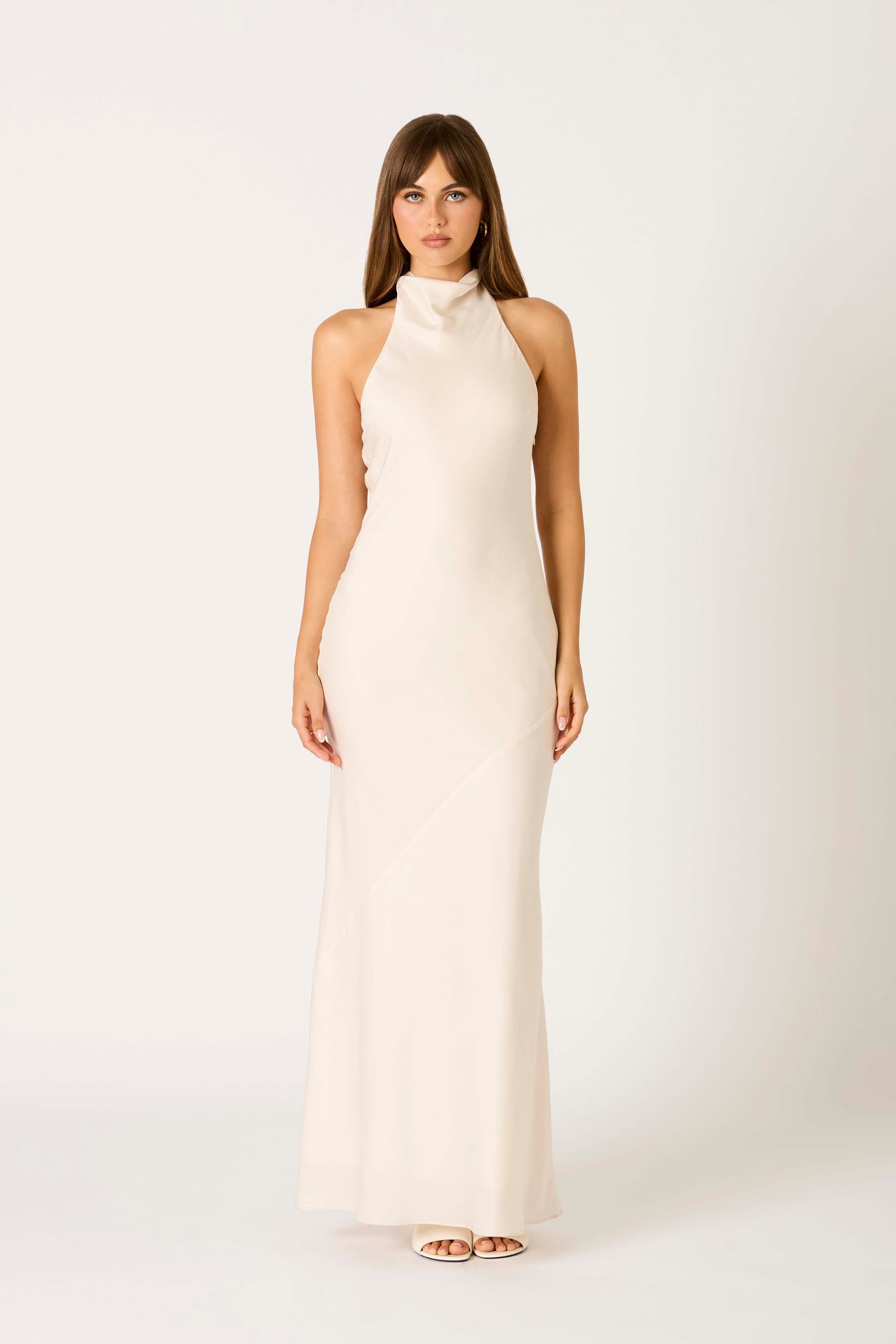 May Cream Satin Halter Neck Maxi Dress