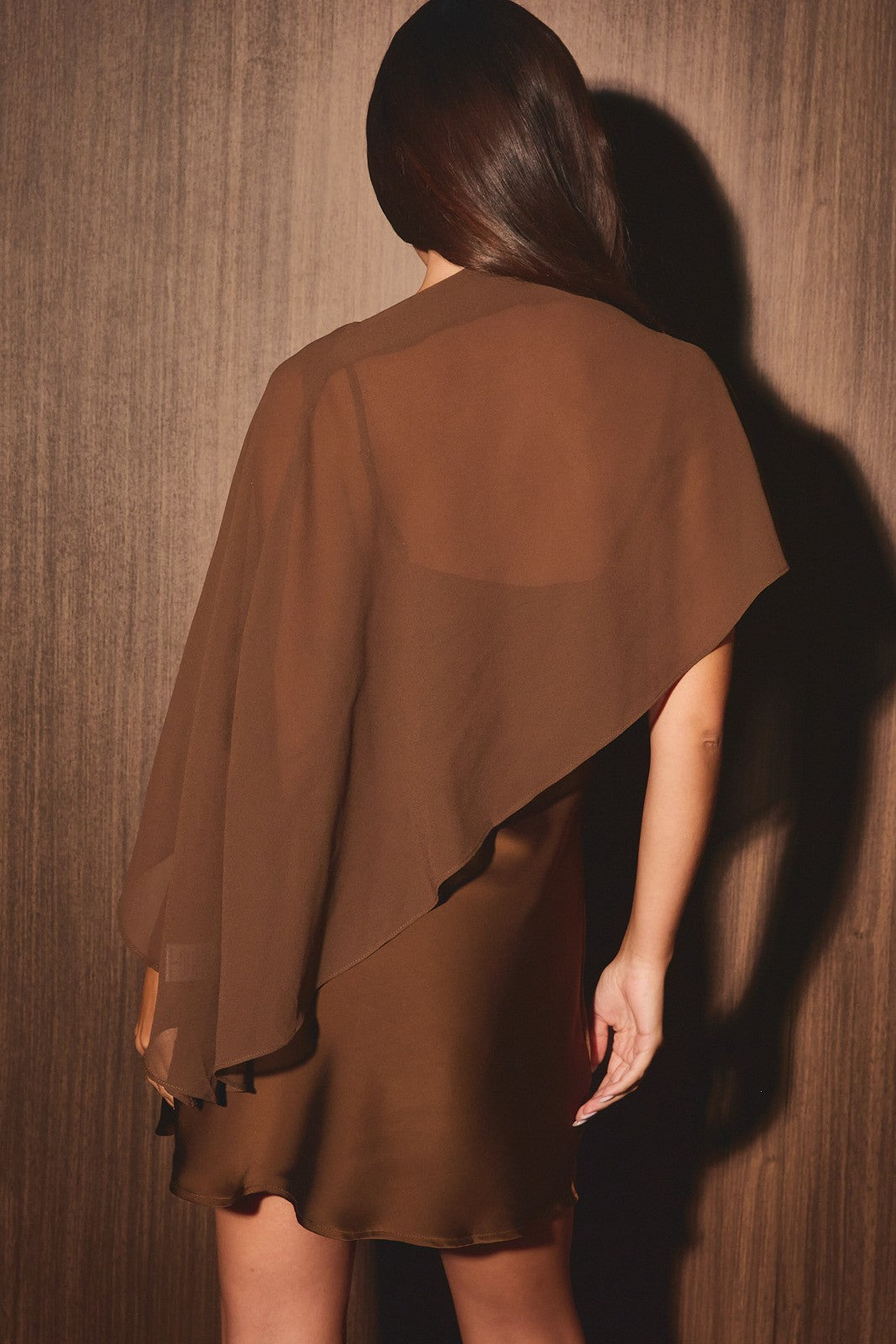 Brooklyn Brown Sheer Cape Satin Mini Dress
