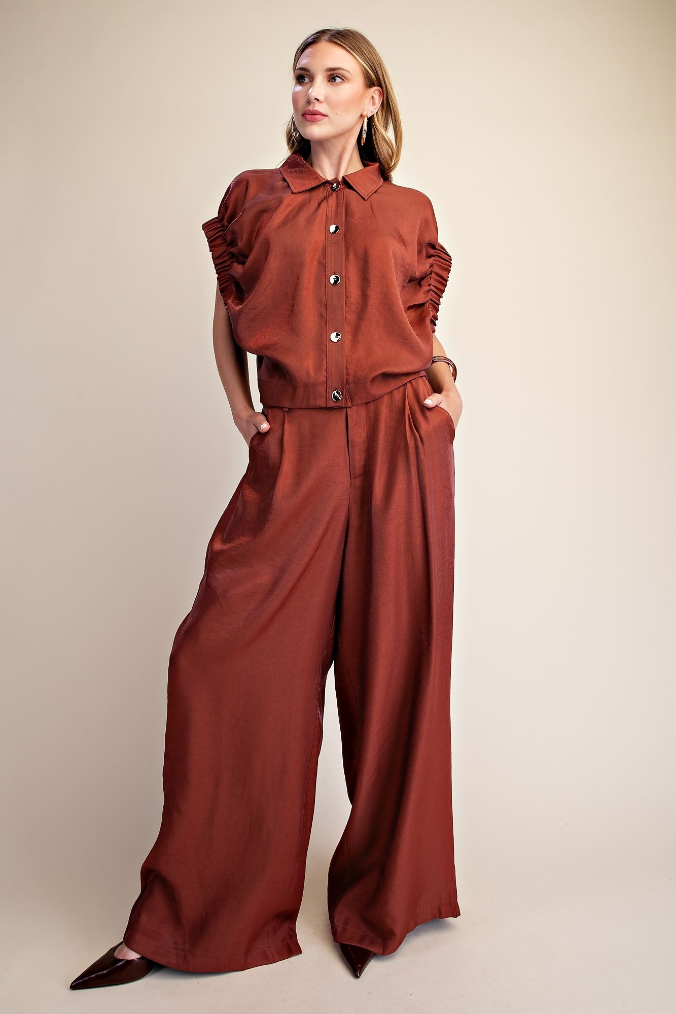 Ravyn Rust Tailored High Rise Pleated Wide Leg Pants