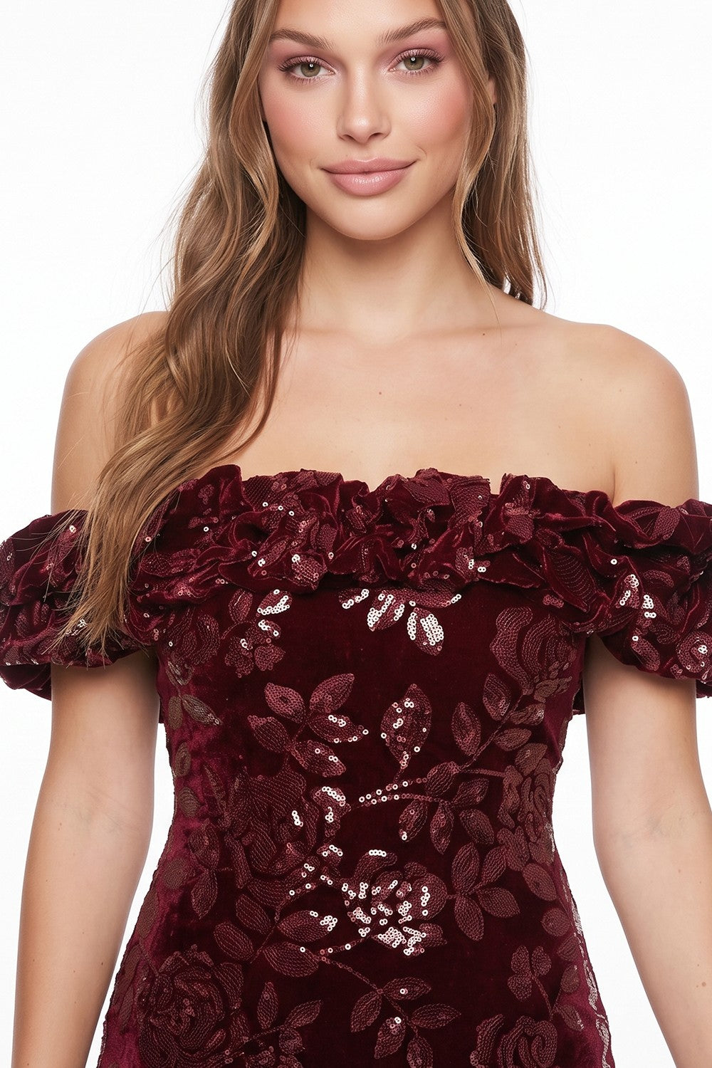 Darla Wine Off Shoulder Sequin & Velvet Mini Dress