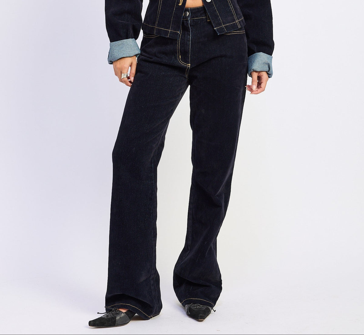 Ruby Dark Wash Denim Low Rise Trucker Jeans