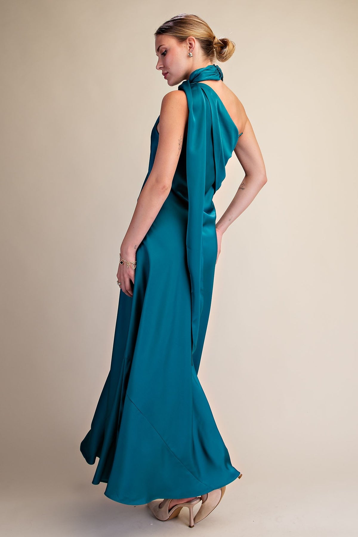 Kaylin Teal Mock Neck One Shoulder Satin Maxi Dress