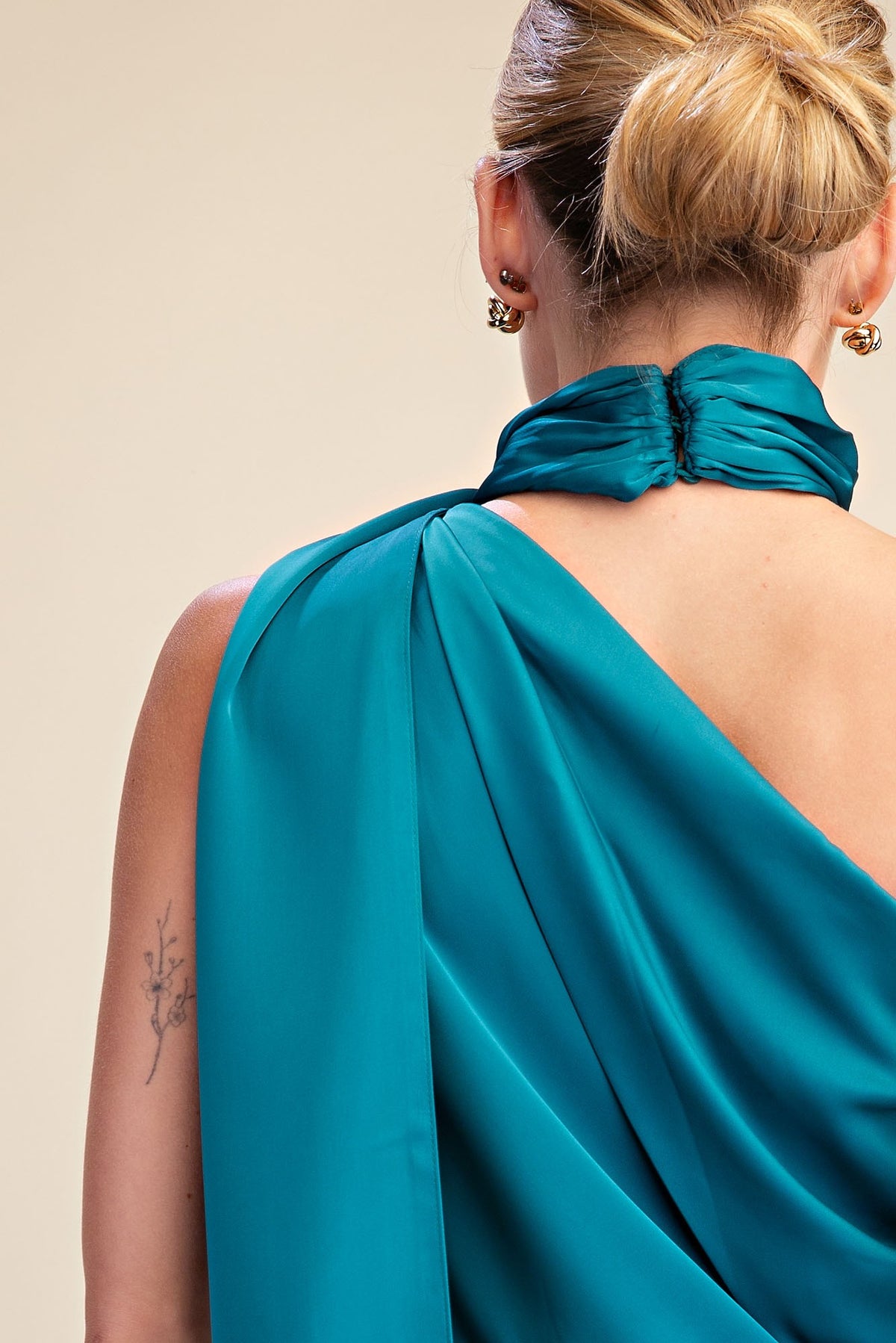 Kaylin Teal Mock Neck One Shoulder Satin Maxi Dress