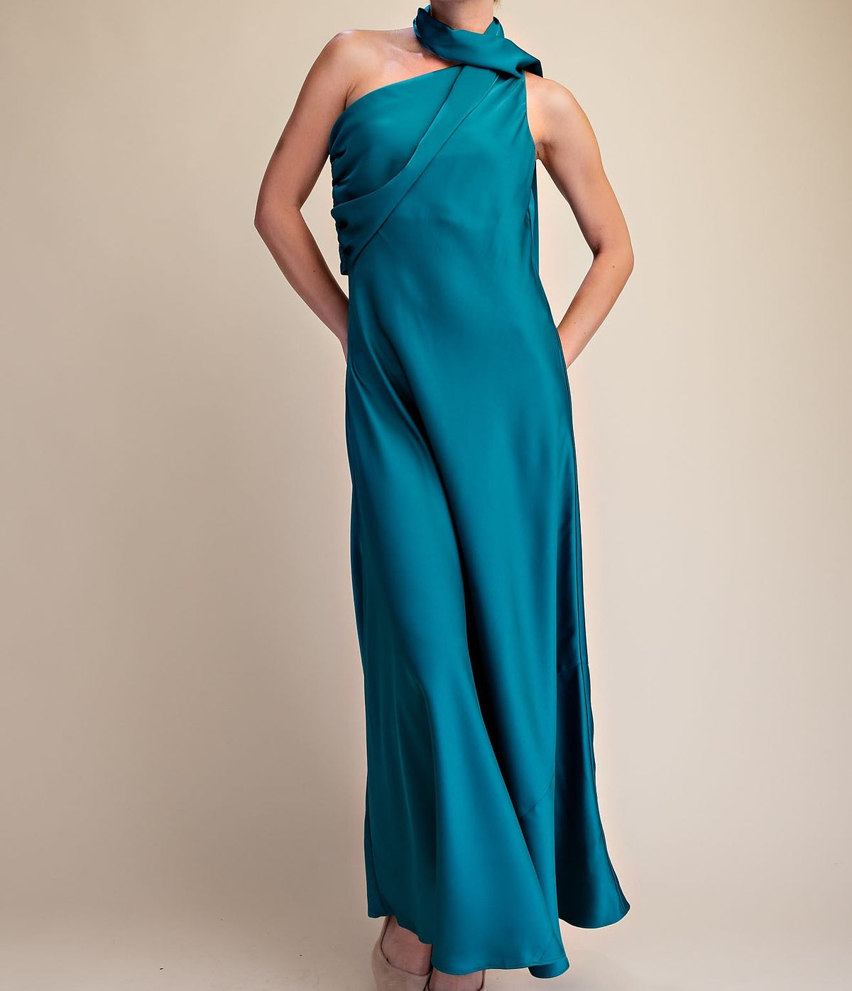 Kaylin Teal Mock Neck One Shoulder Satin Maxi Dress