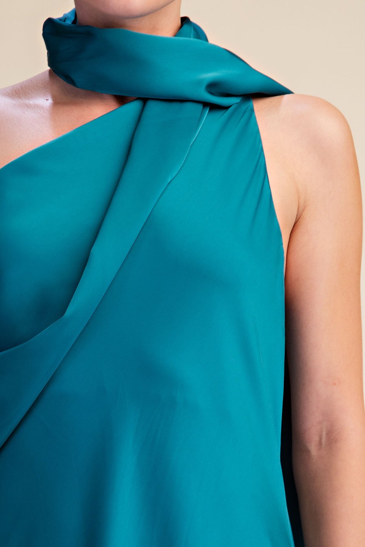 Kaylin Teal Mock Neck One Shoulder Satin Maxi Dress