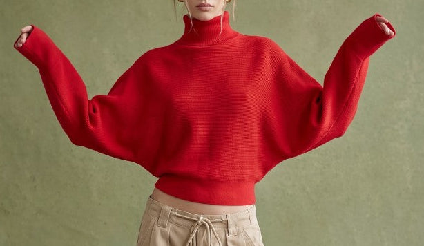 Krista Red Ribbed Batwing Turtleneck Sweater Top