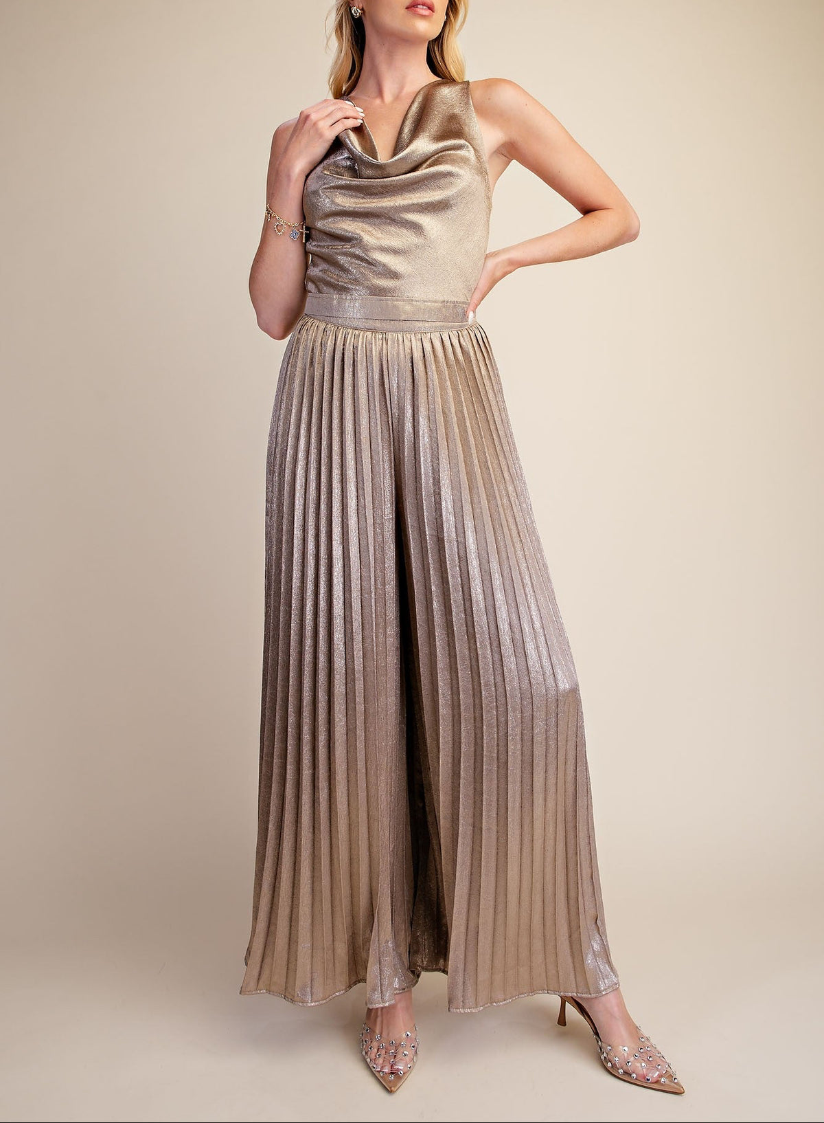 Montana Taupe Metallic Pleated Wide Leg Pants