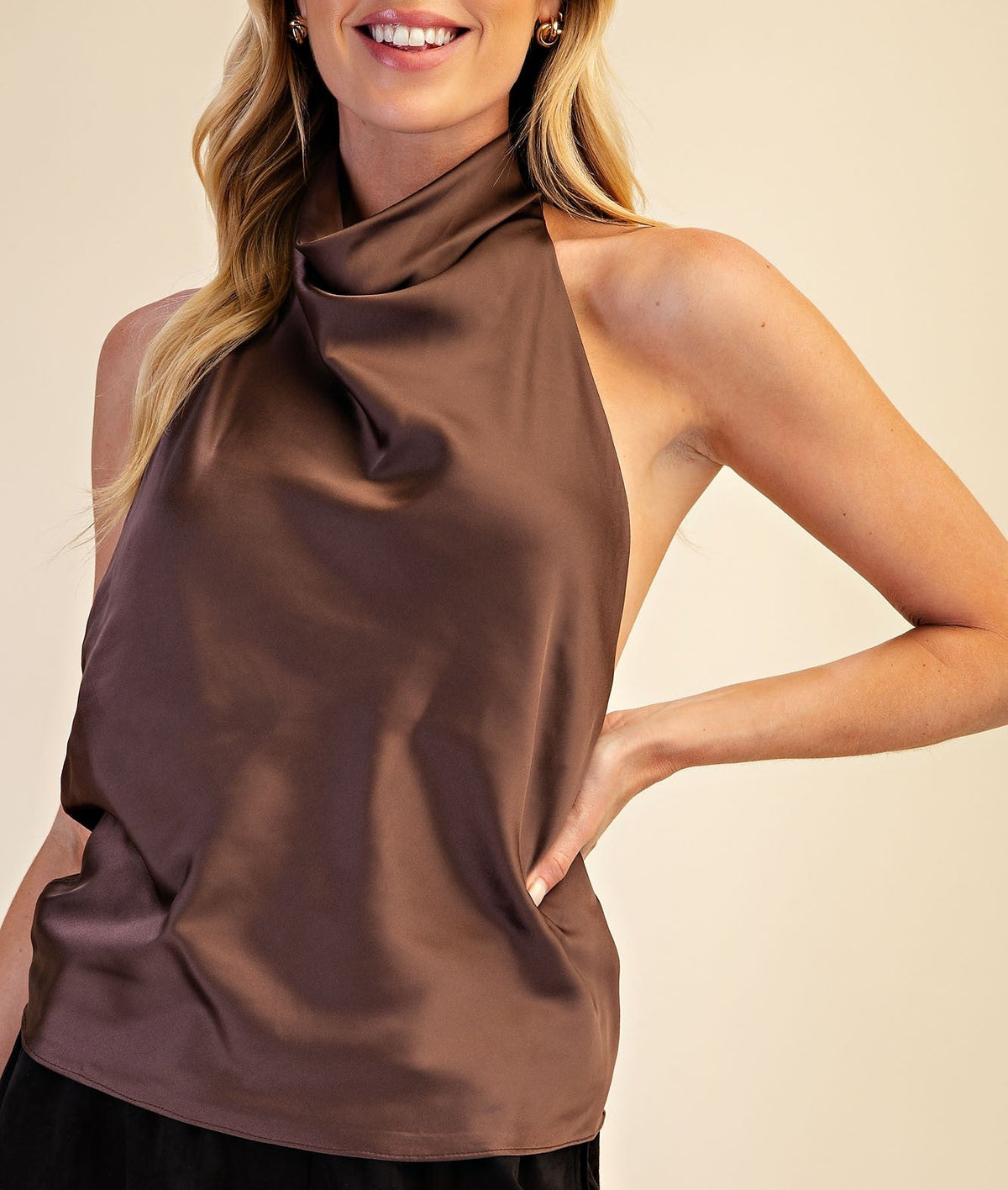 Kara Brown Halter Cowl Neck Satin Top