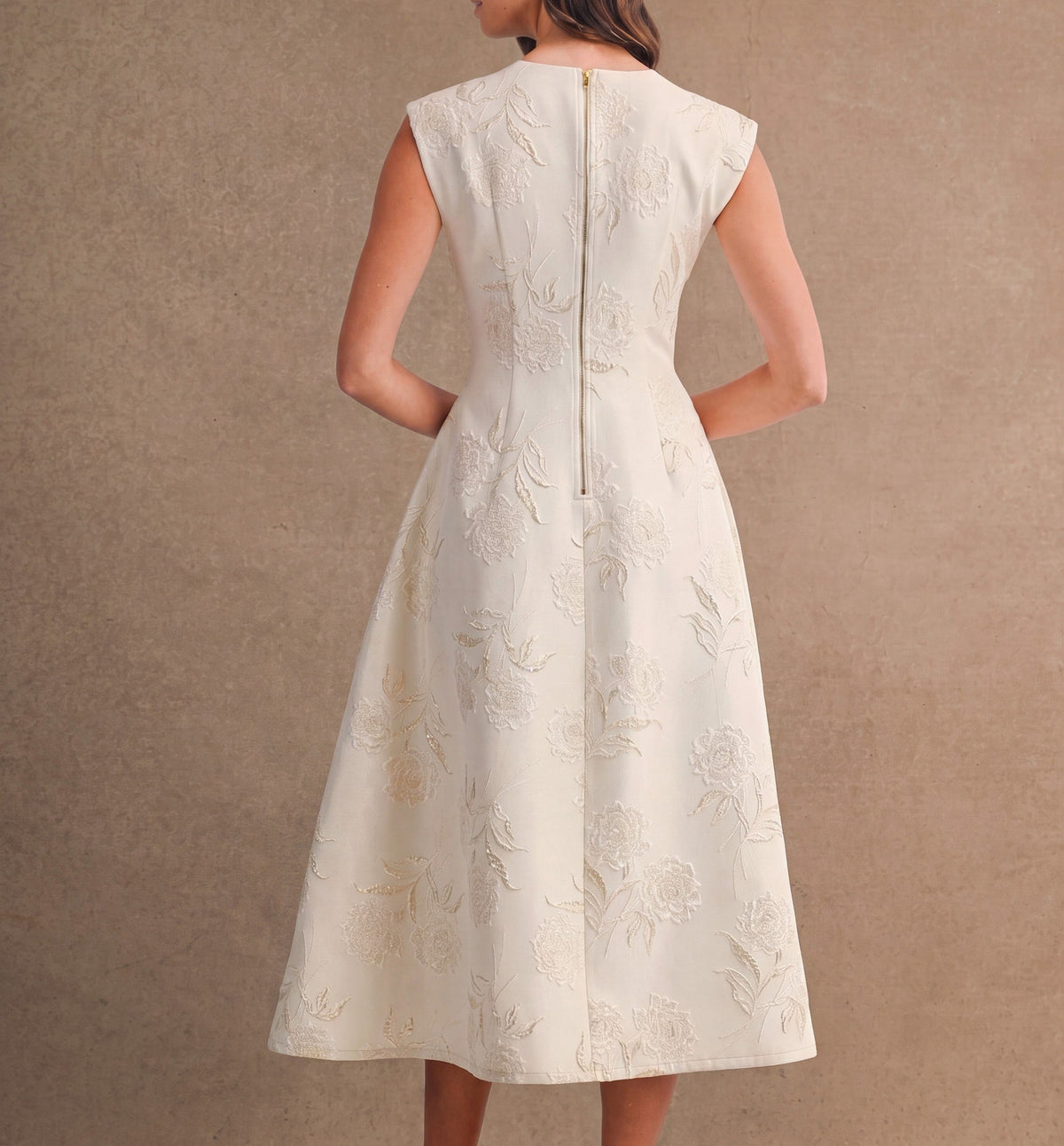 Esme Cream & Gold Jacquard Flare Dress
