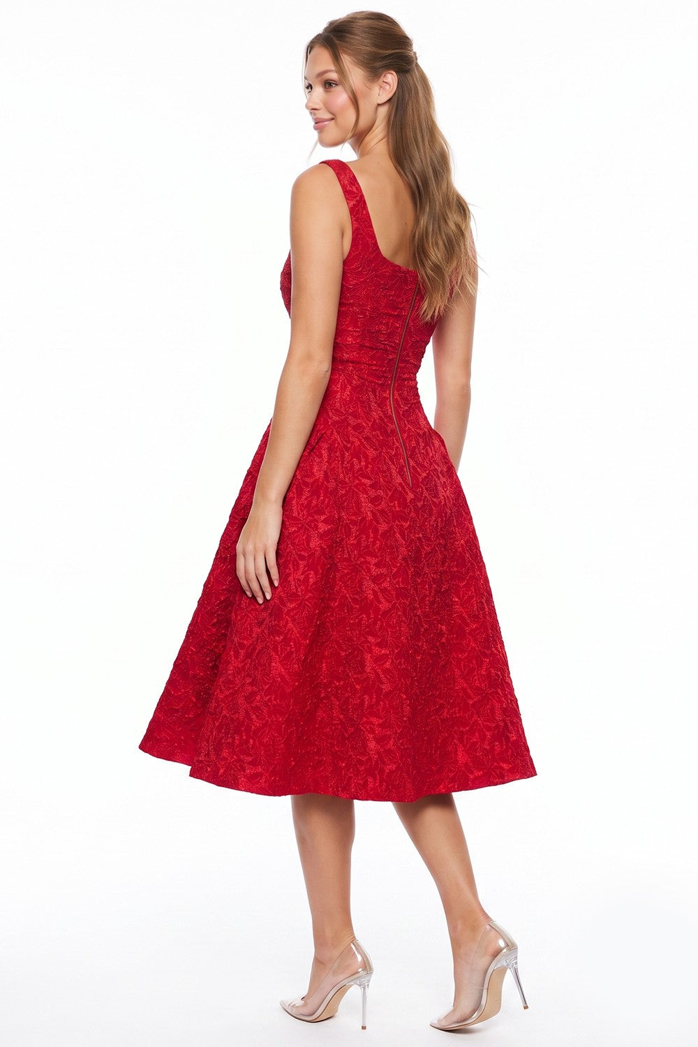 Rebekah Red Jacquard Flare Midi Dress