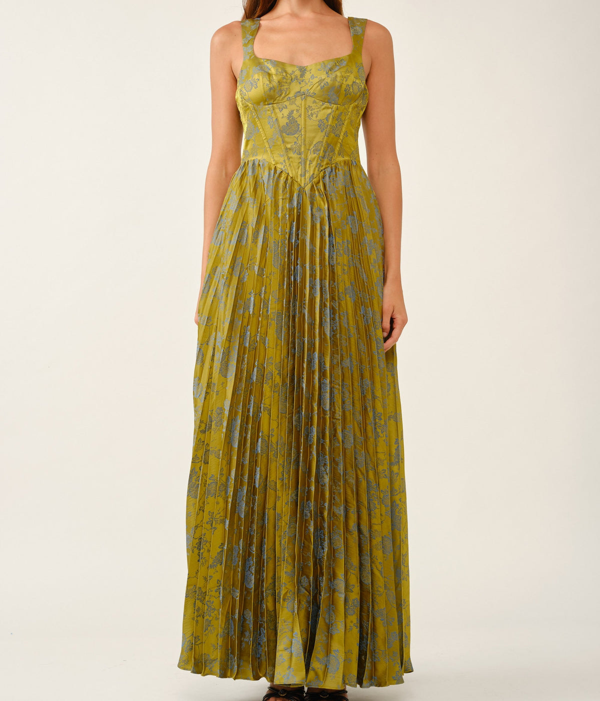 Iris Green Floral Jacquard Pleated Corset Maxi Dress