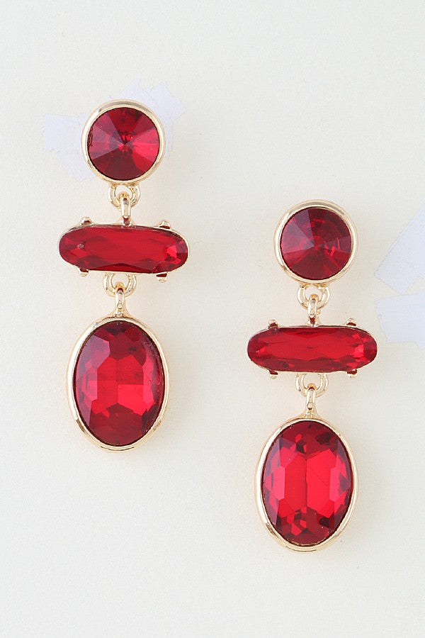 Red Multi Rhinestone Trio Drop Earrings