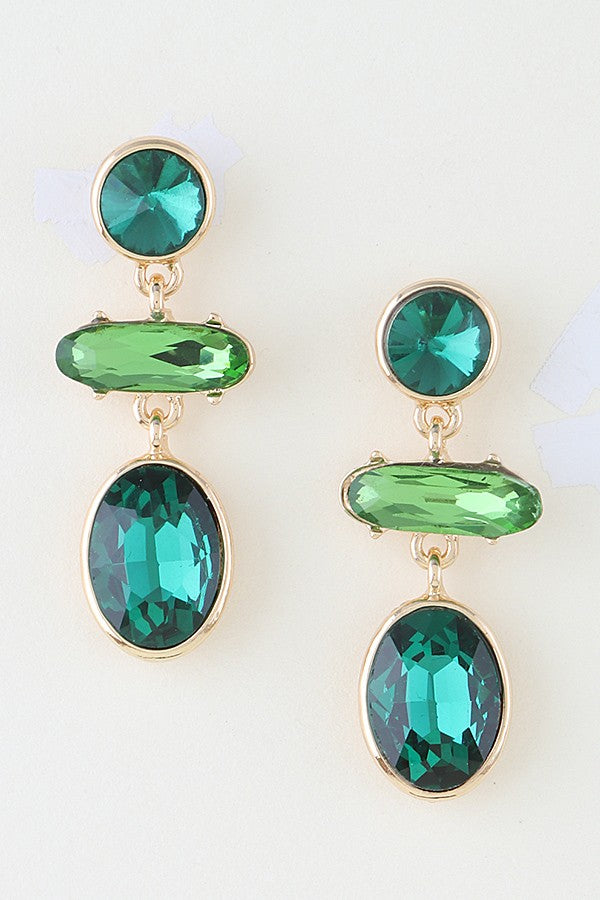 Green Multi Rhinestone Trio Drop Earrings