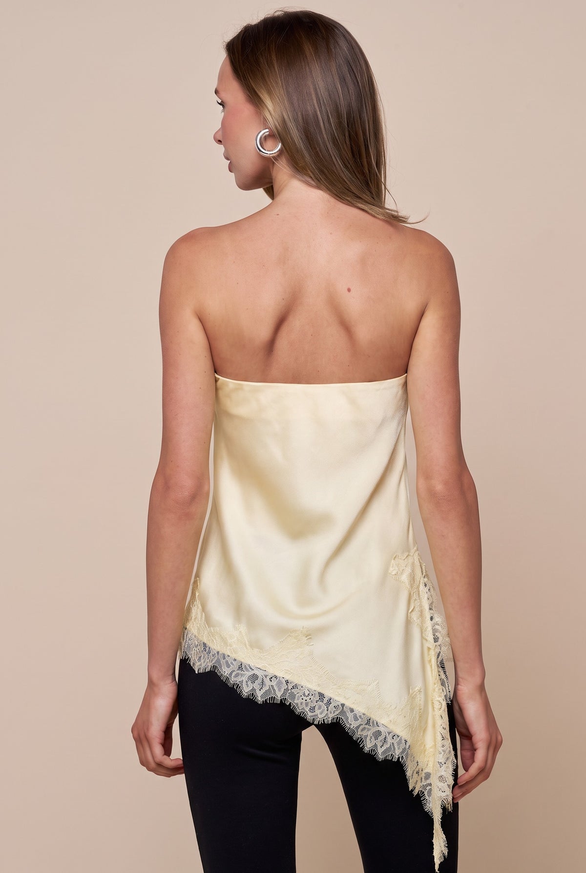 Cora Light Yellow Asymmetric Satin Lace Top