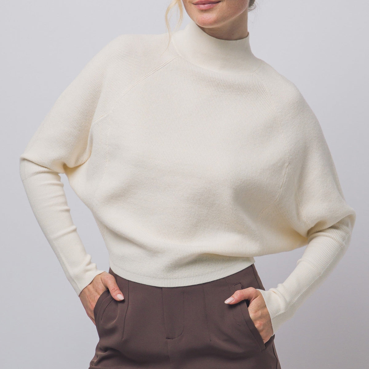 Stella Ivory Mock Neck Batwing Sweater Top