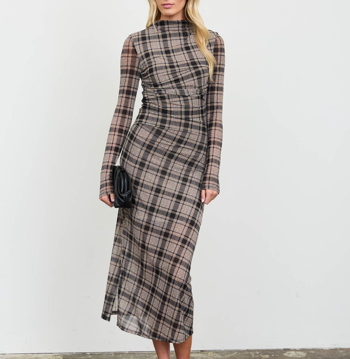 Astrid Plaid Ruched High Neck Midi Dress