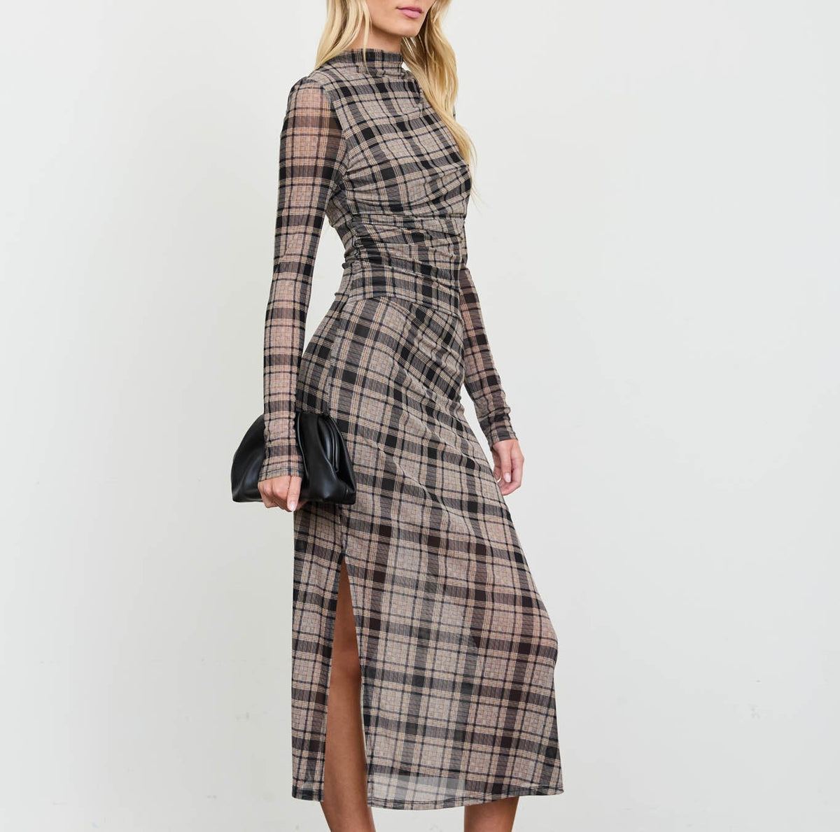 Astrid Plaid Ruched High Neck Midi Dress