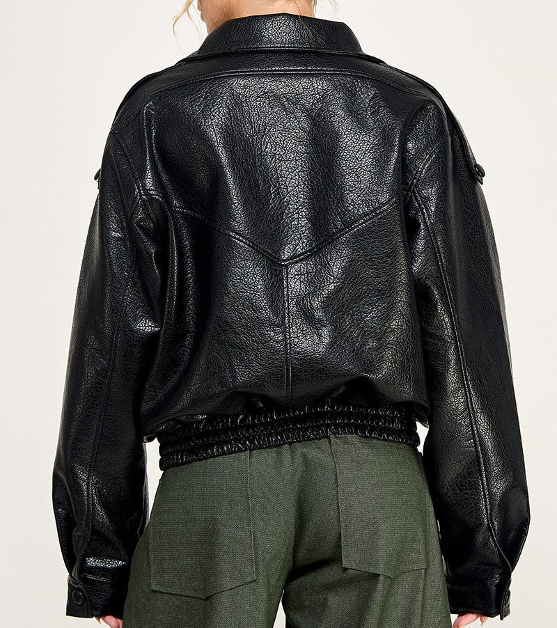 Melody Black Faux Leather Oversized Bomber Jacket