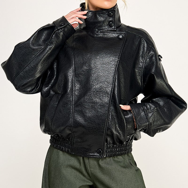 Melody Black Faux Leather Oversized Bomber Jacket