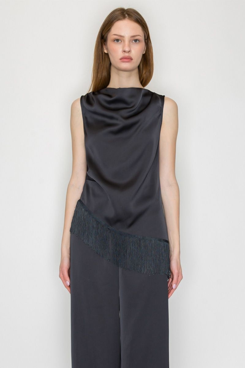 Evie Charcoal Tassel Cowl Neck Top