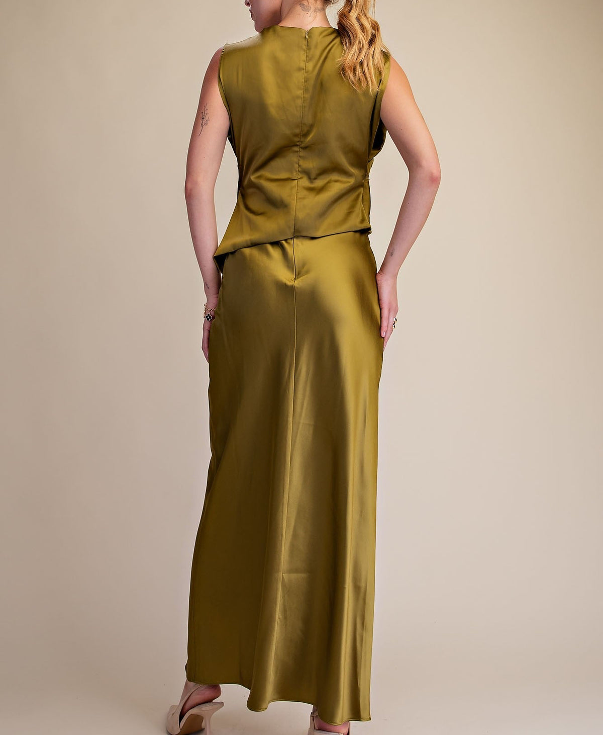 Ryleigh Olive Cowl Neck Column Satin Dress