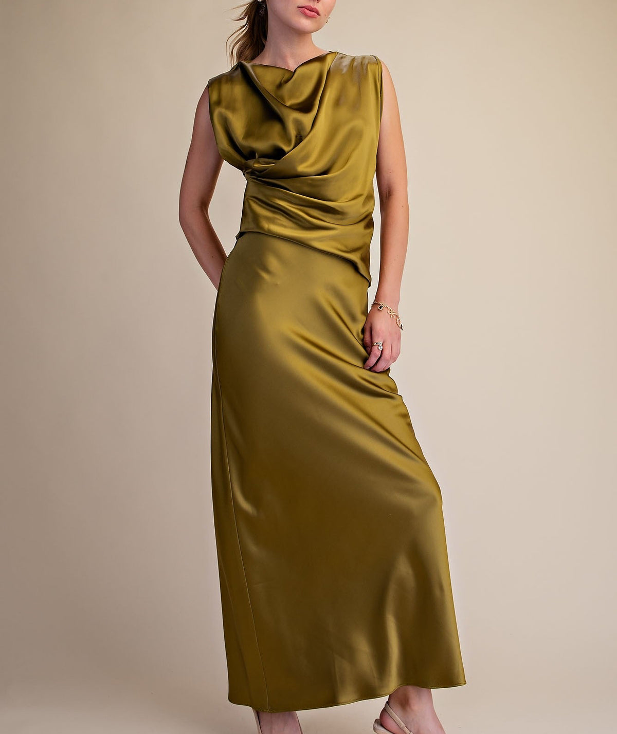 Ryleigh Olive Cowl Neck Column Satin Dress