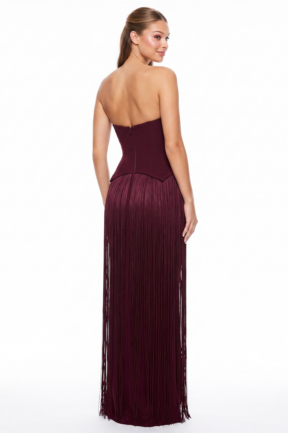 Tara Maroon Strapless Fringe Midi Dress