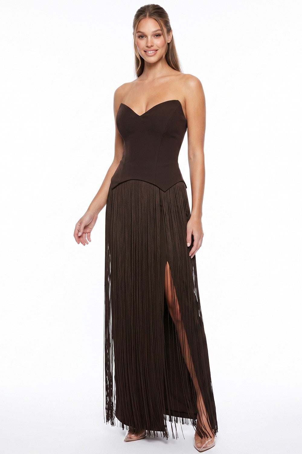 Tara Chocolate Brown Strapless Fringe Maxi Dress