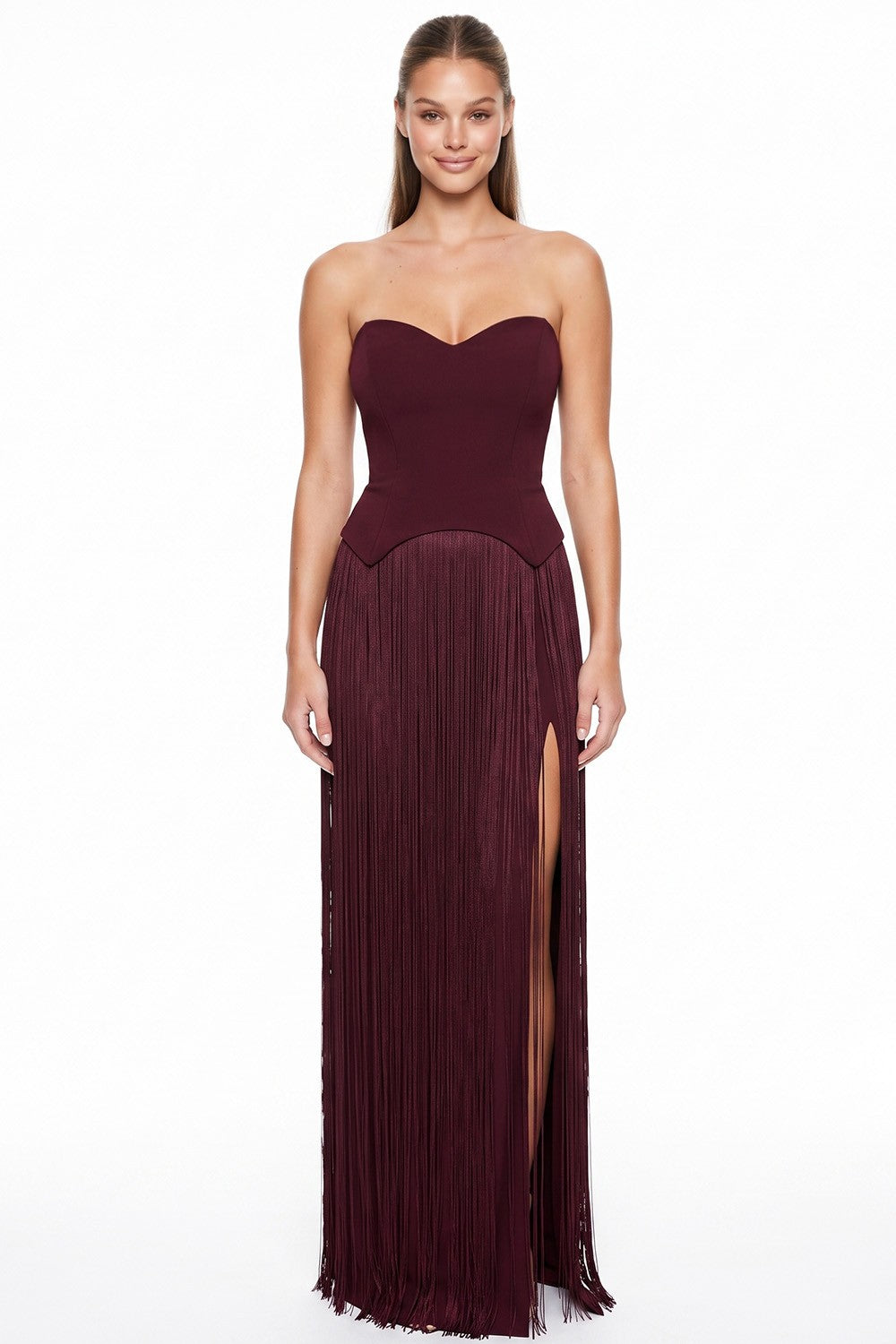 Tara Maroon Strapless Fringe Midi Dress