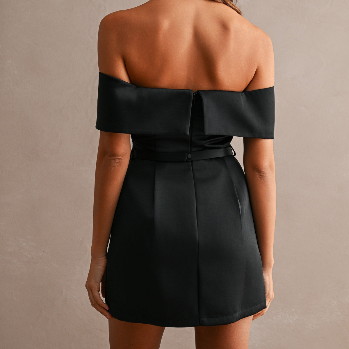Debbie Black Satin Off-Shoulder Fold-Over Mini Dress