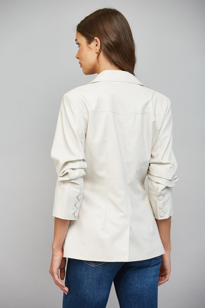Layla Ecru Ruched Sleeve Faux Leather Blazer