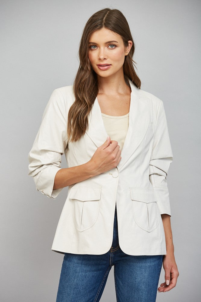 Layla Ecru Ruched Sleeve Faux Leather Blazer