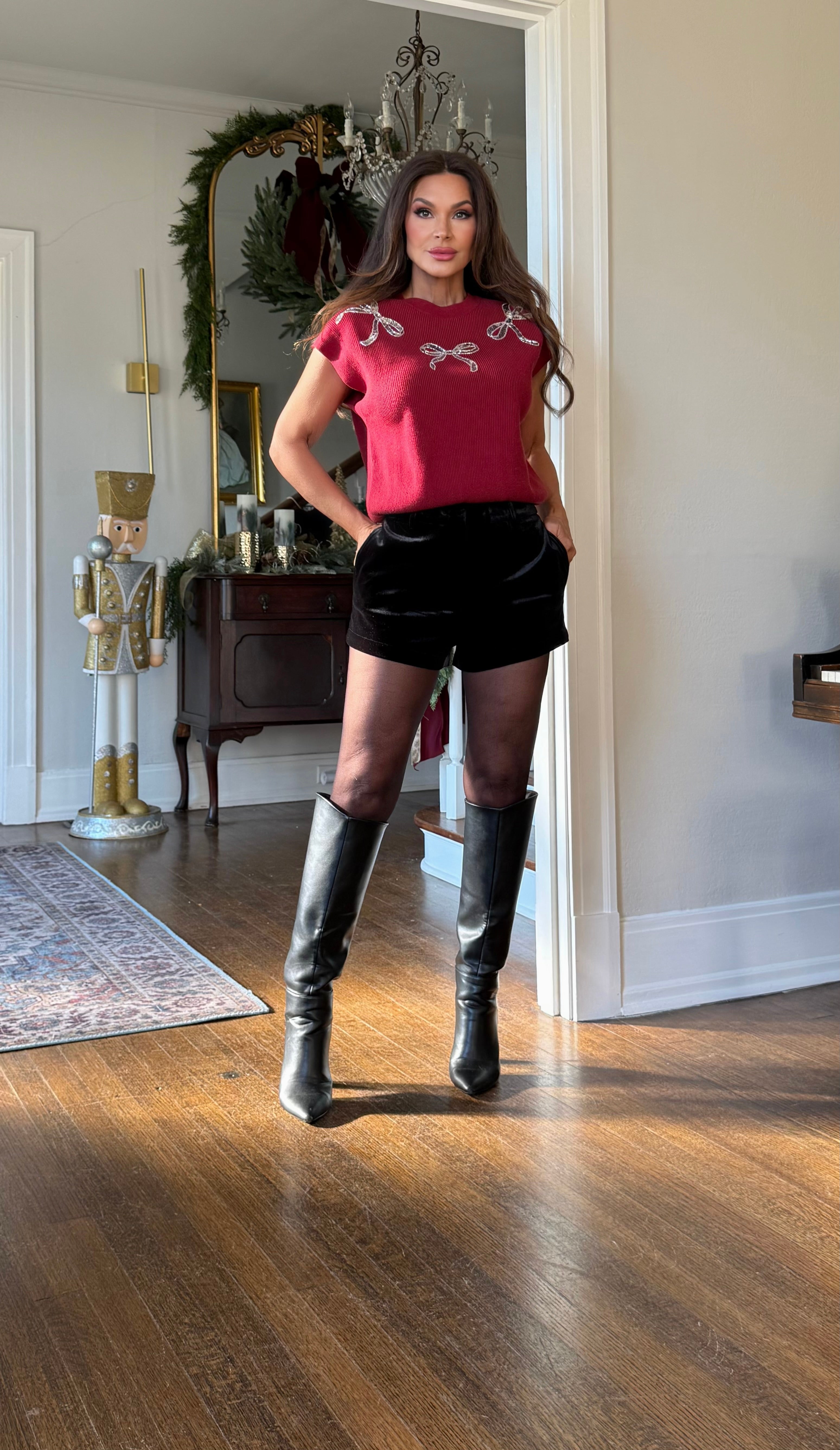 Sarah Wine Cap Sleeve Sequin Bow Sweater