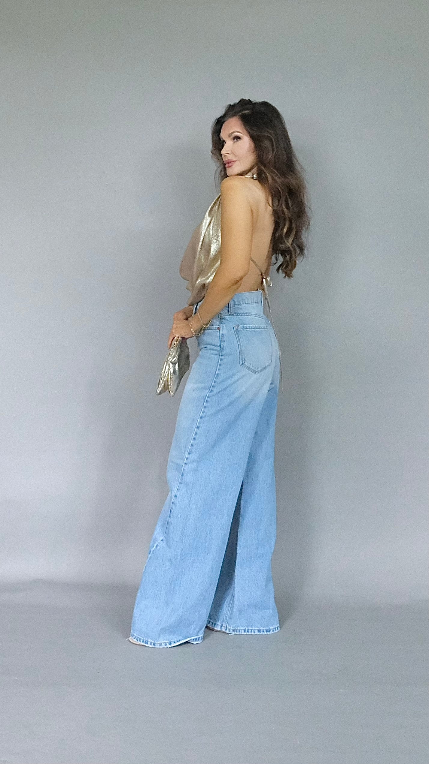 Zena gold halter open back tie blouse