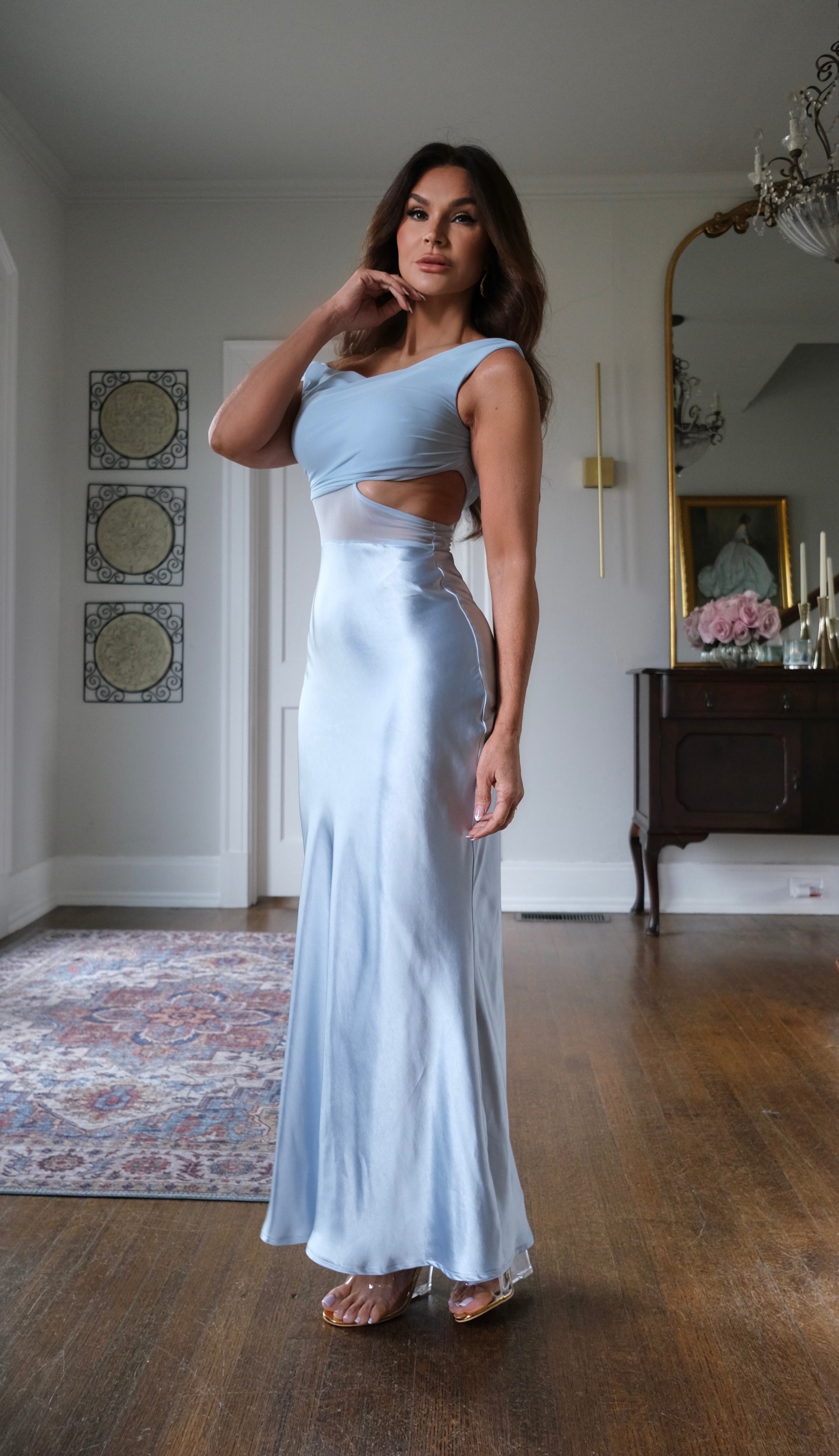 Brailynn light blue satin and mesh asymmetric midi dress