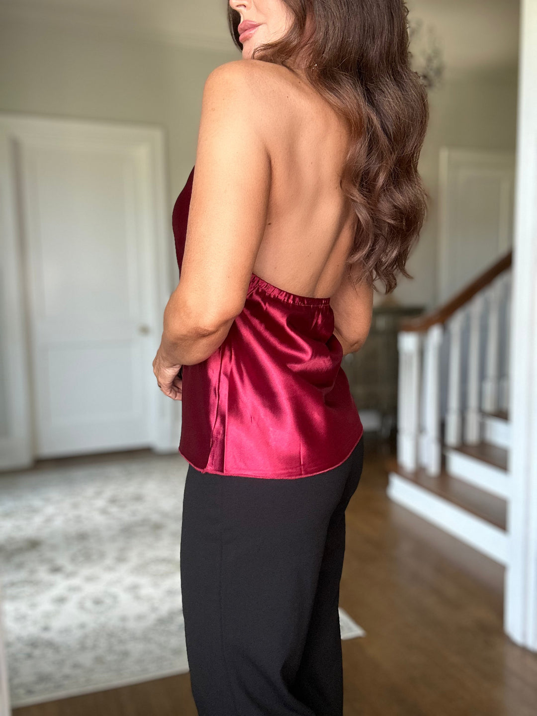 Shae burgundy wine satin open back chain later top
