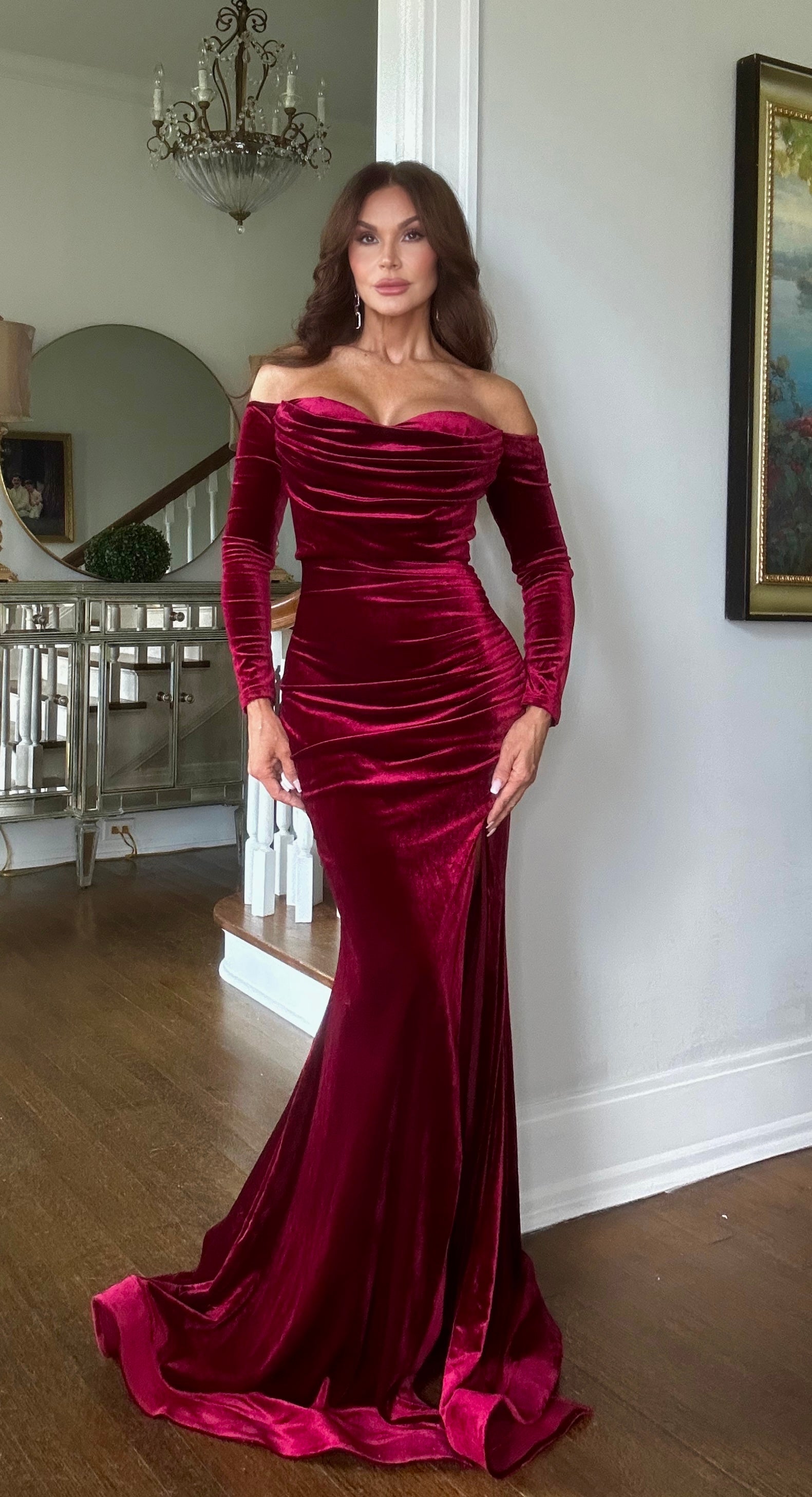 Brandi Burgundy Off the Shoulder Long Sleeve Velvet Formal with Side Slit