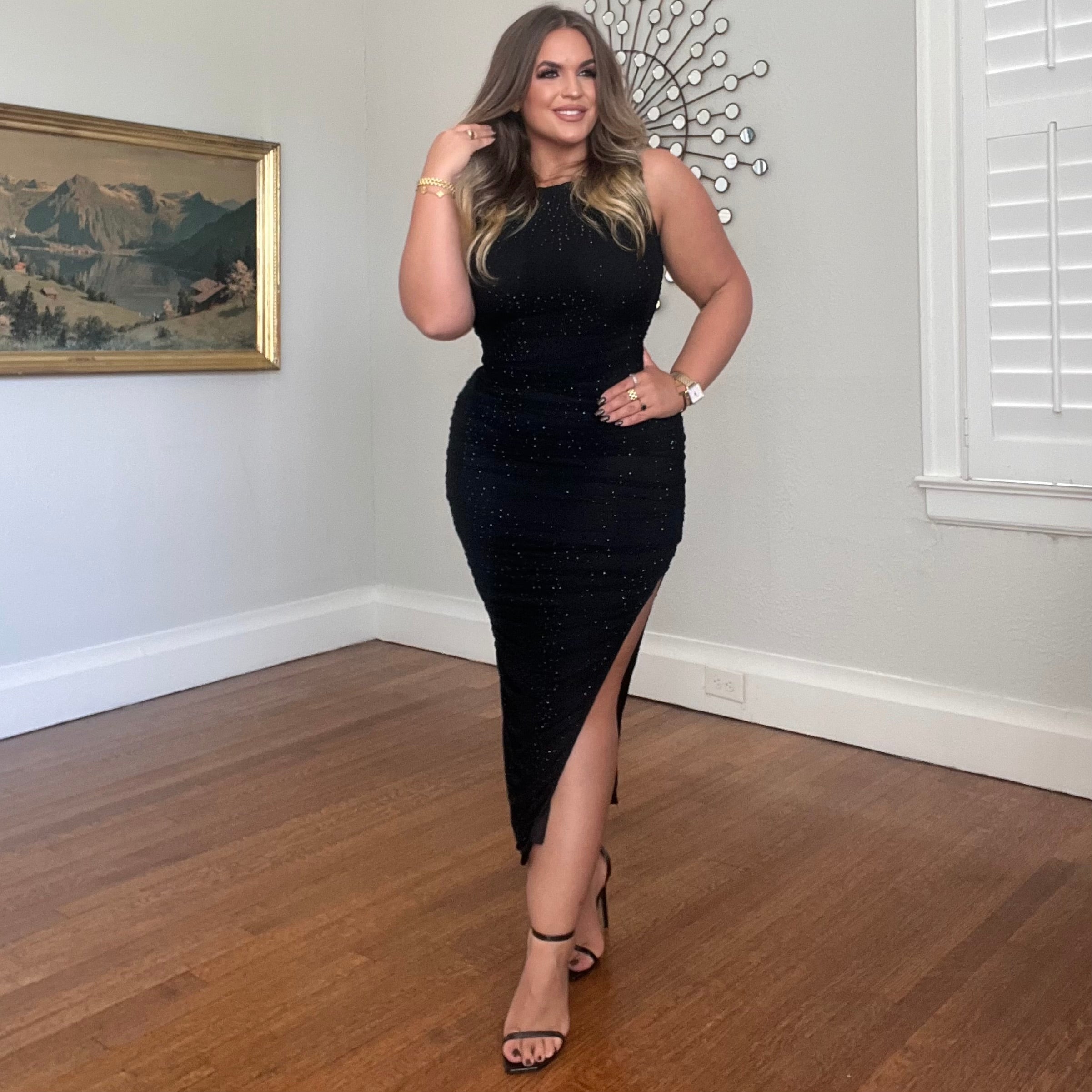 Mercedes Black Ruched Boatneck Beaded Midi Dress