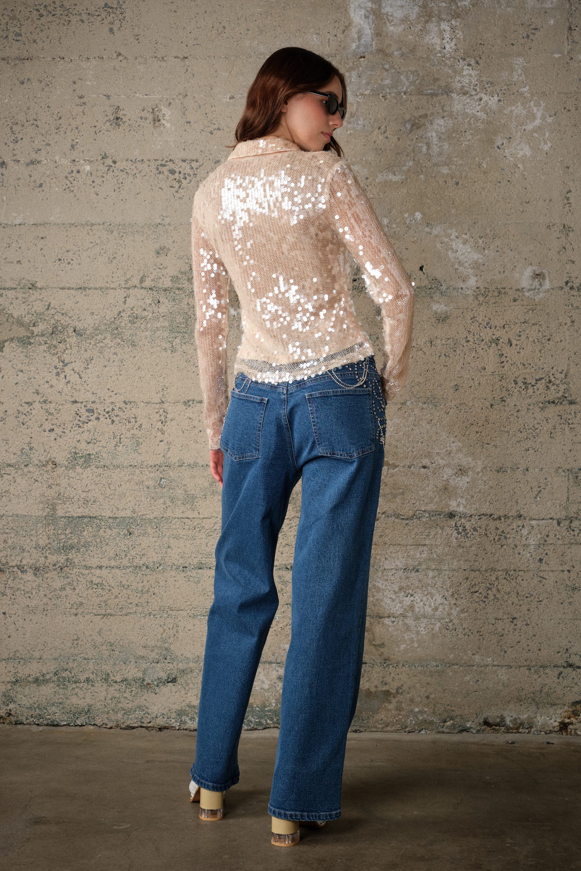 Hannah Nude Sequin Mesh Long Sleeve Top