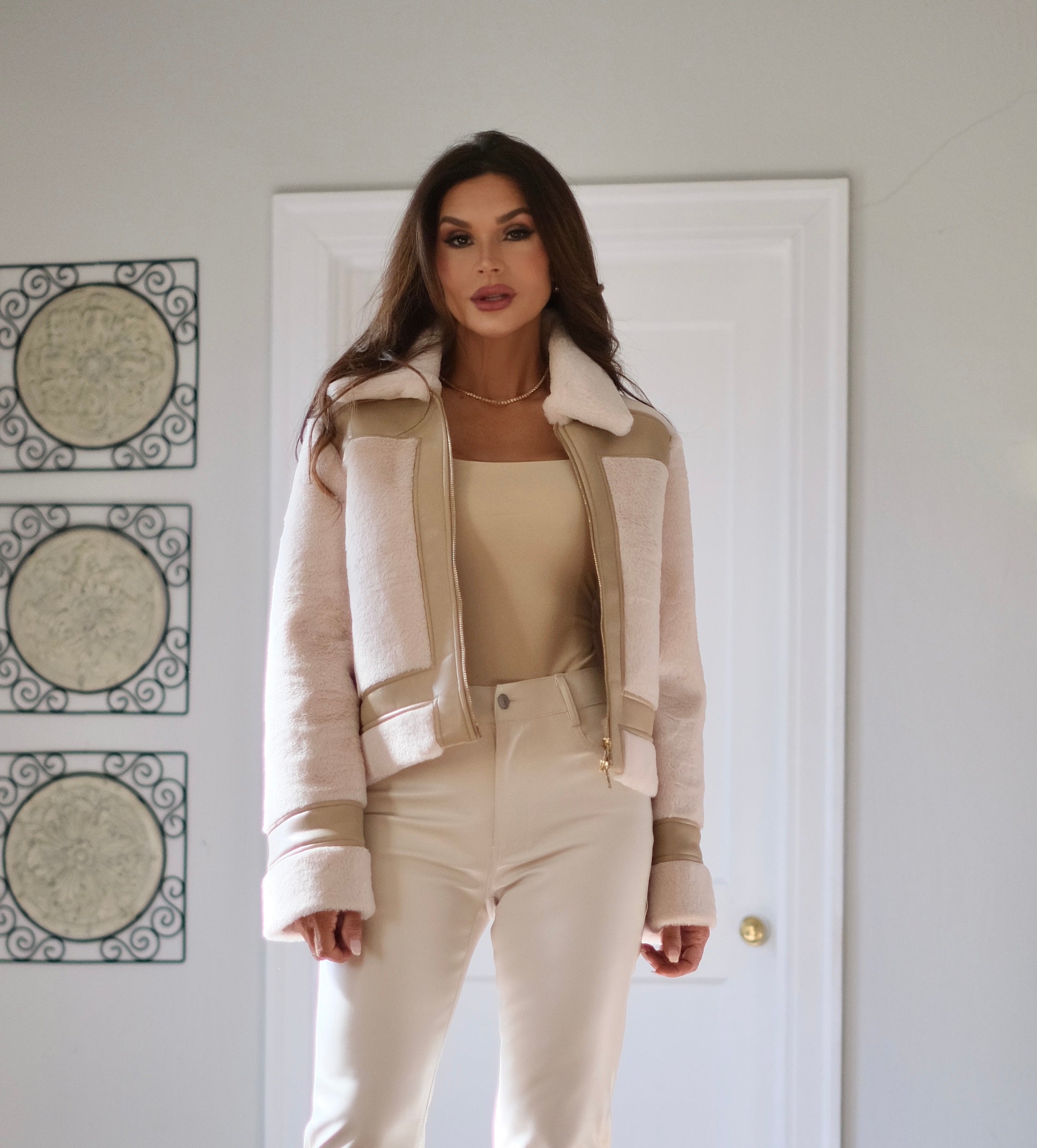 Beta cream paneled color block jacket