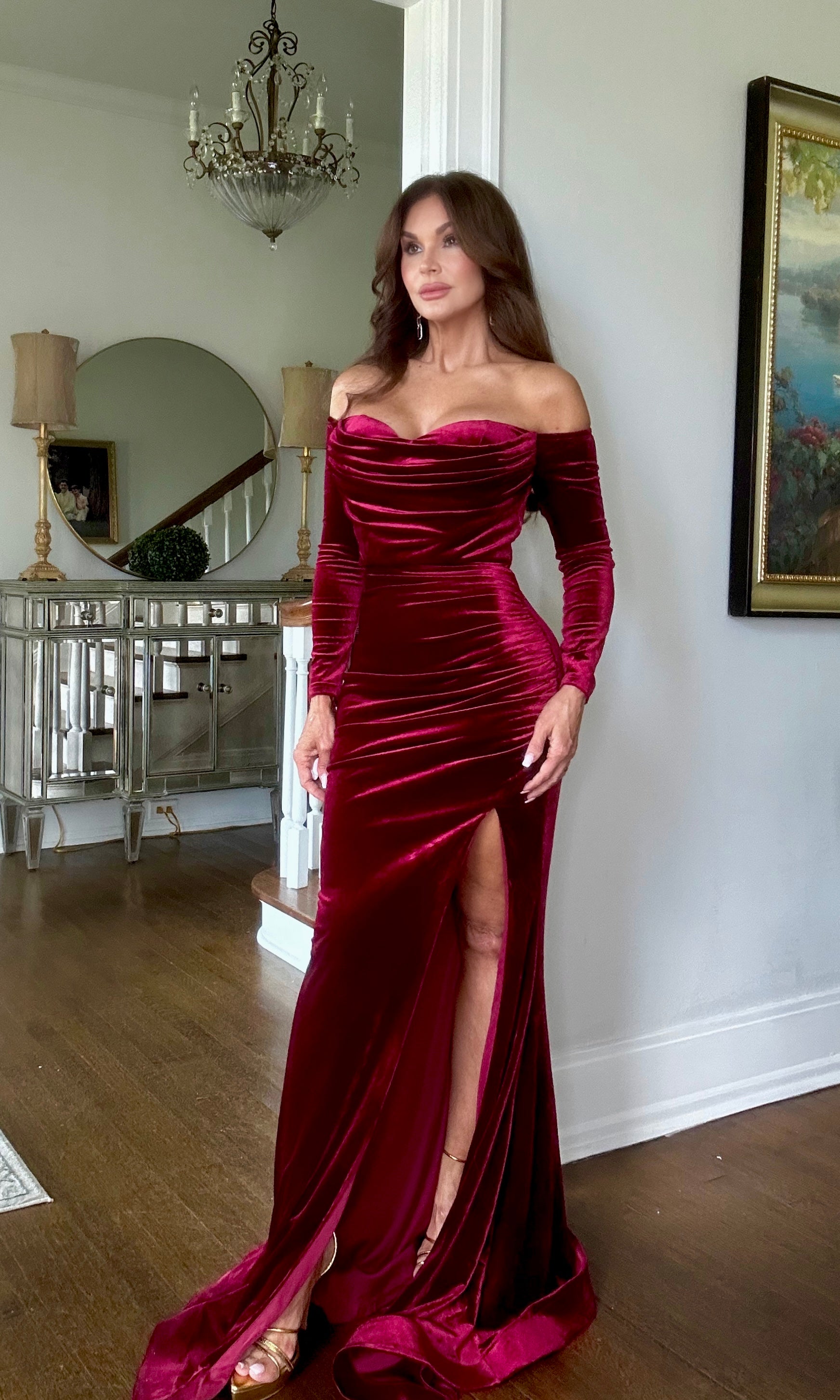 Brandi Burgundy Off the Shoulder Long Sleeve Velvet Formal with Side Slit